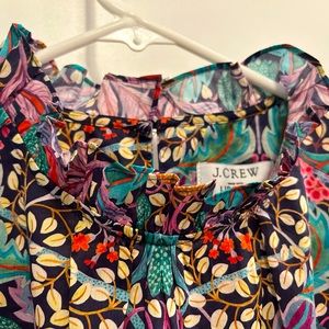 J. Crew Liberty ruffle neck, smocked ruffle sleeve, delightful pattern, tags XXS